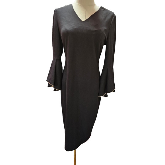 Calvin Klein Black‎ Sheath Pencil Dress with Bell Gold Bead Edge Sleeves Sz 4 Sm - Picture 2 of 6